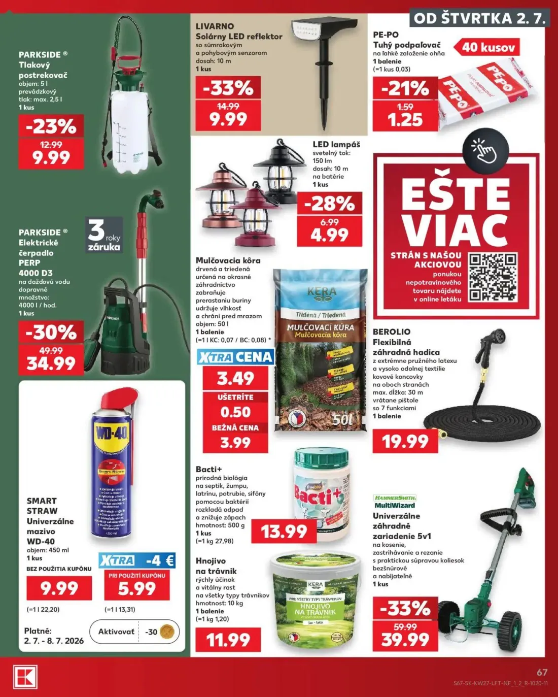Kaufland leták, strana 67 z 80 — MultiWizard Univerzálne záhradné zariadenie 5v1, Elektrické čerpadlo PERP 4000 D3, Solárny …