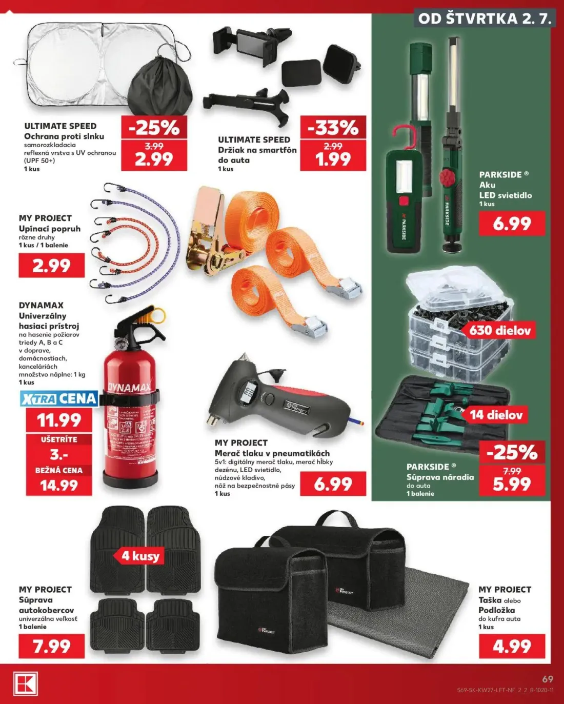 Kaufland leták, strana 69 z 80 — Univerzálny hasiaci prístroj, Súprava náradia do auta, Ochrana proti slnku