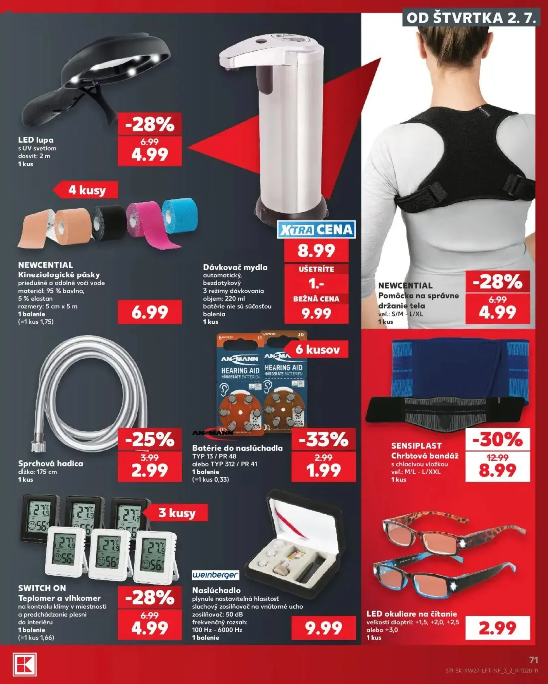 Kaufland leták, strana 71 z 80 — SENSIPLAST Chrbtová bandáž, LED lupa, NEWCENTIAL Pomôcka na správne držanie tela