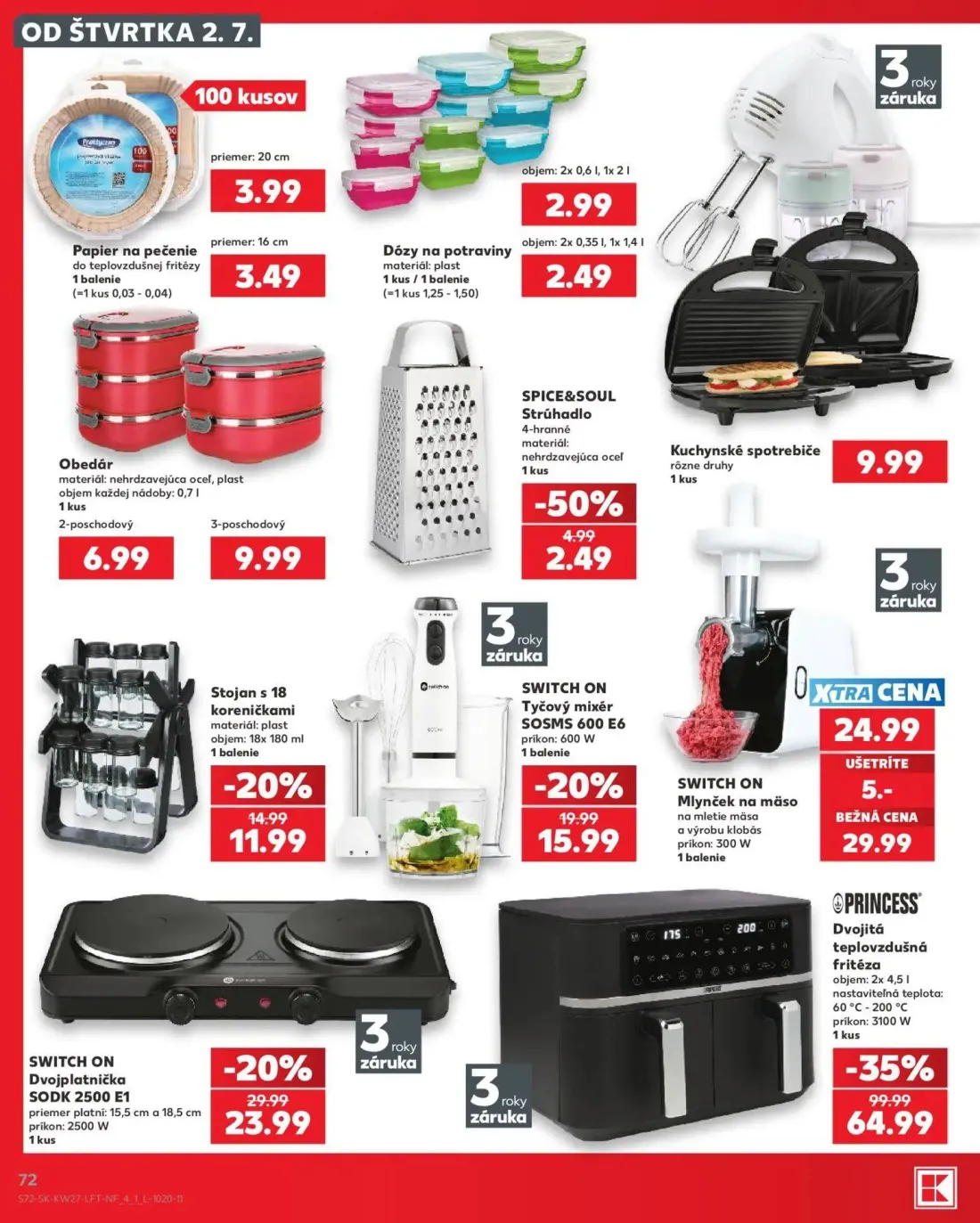Kaufland leták, strana 72 z 80 — PRINCESS Dvojitá teplovzdušná fritéza, SWITCH ON Dvojplatnička SODK 2500 E1, SWITCH ON Mlyn…