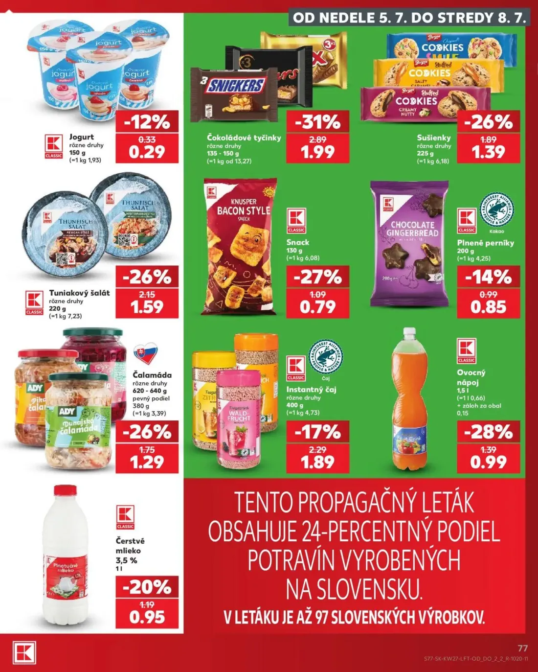 Kaufland leták, strana 77 z 80 — Čokoládové tyčinky, Tuniakový šalát, Sušienky