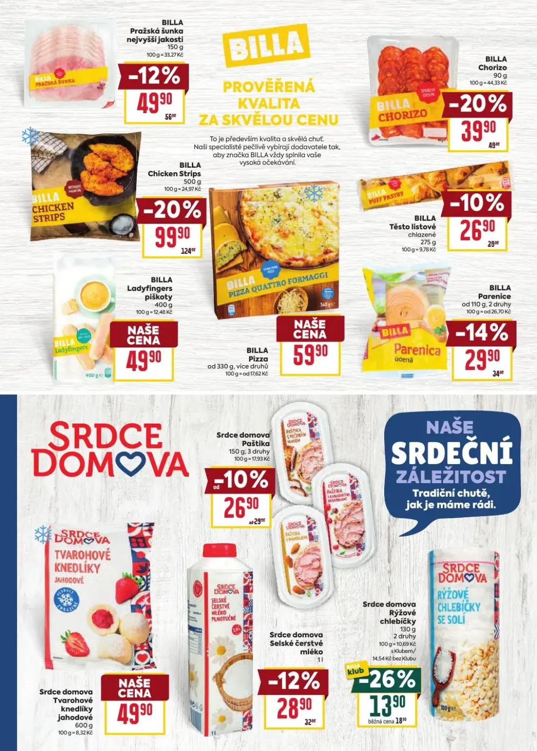 Billa leták, strana 12 z 52 — Chicken Strips, Chorizo, Pražská šunka nejvyšší jakosti