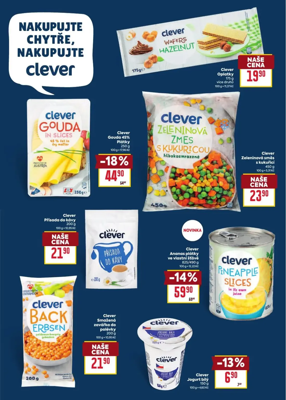 Billa leták, strana 13 z 52 — Clever Gouda 45% Plátky, Clever Ananas plátky ve vlastní šťávě, Clever Jogurt bílý