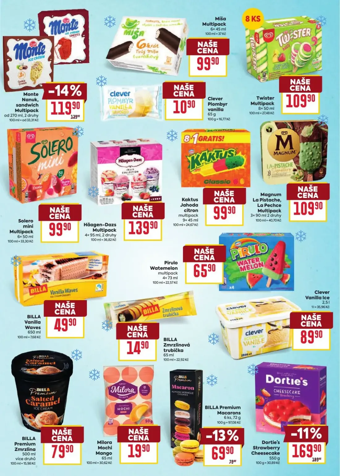 Billa leták, strana 19 z 52 — Monte Nanuk, sandwich Multipack, Dortie's Strawberry Cheesecake, BILLA Premium Macarons