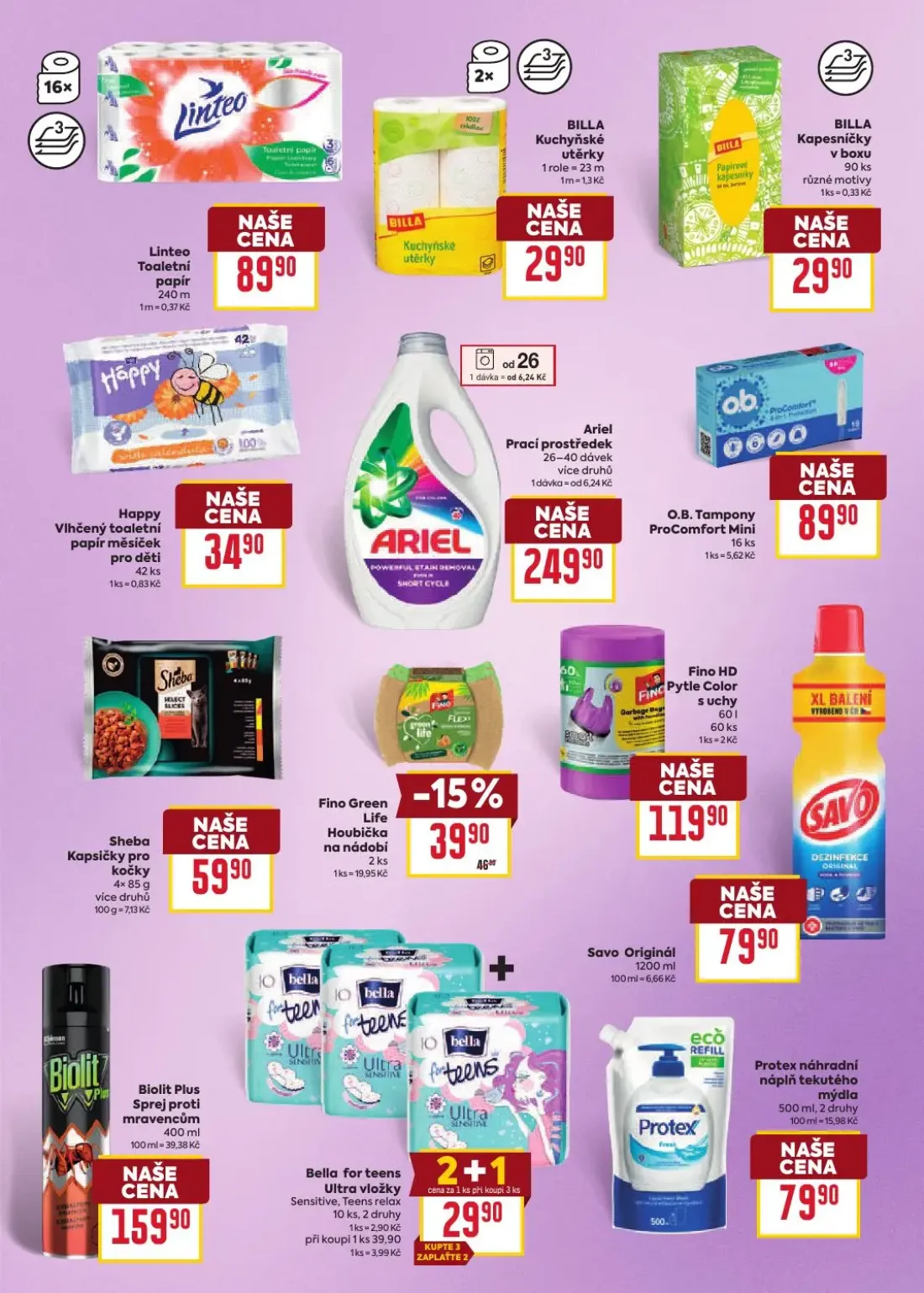 Billa leták, strana 49 z 52 — Bella for teens Ultra vložky Sensitive, Teens relax, Fino Green Life Houbička na nádobí, Linte…