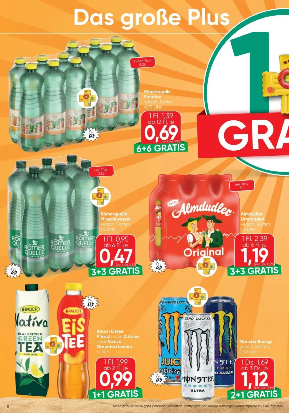 Spar Prospekt, Seite 8 von 24 — Almdudler Limonaden, Rauch Eistee Pfirsich oder Zitrone oder Nativa Greentea Lemon, Römerque…