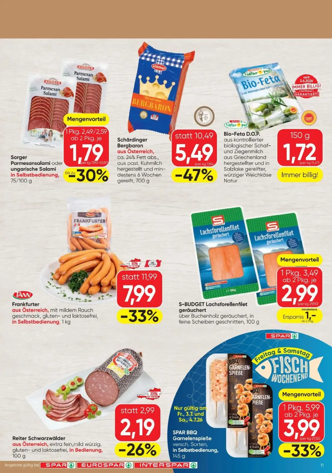 Spar Prospekt, Seite 11 von 24 — Schärdinger Bergbaron, Frankfurter, SPAR BBQ Garnelenspieße