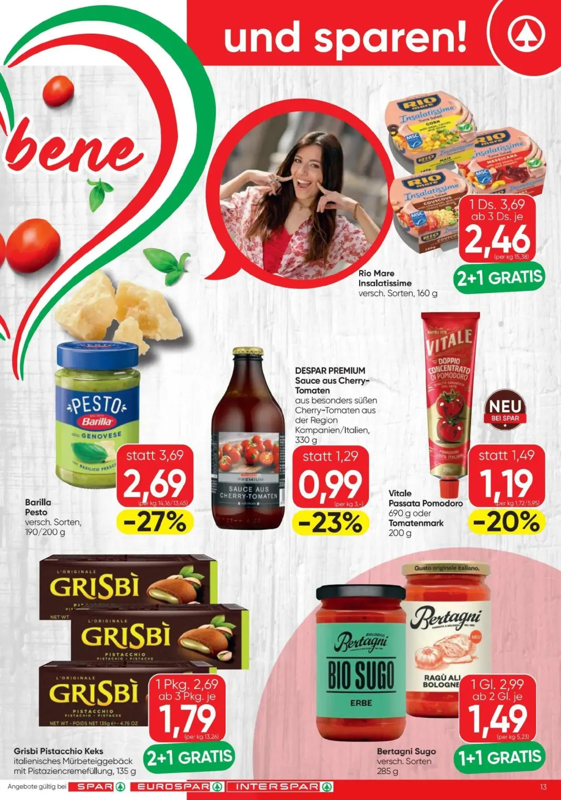 Spar Prospekt, Seite 13 von 24 — Bertagni Sugo, Rio Mare Insalatissime, Barilla Pesto
