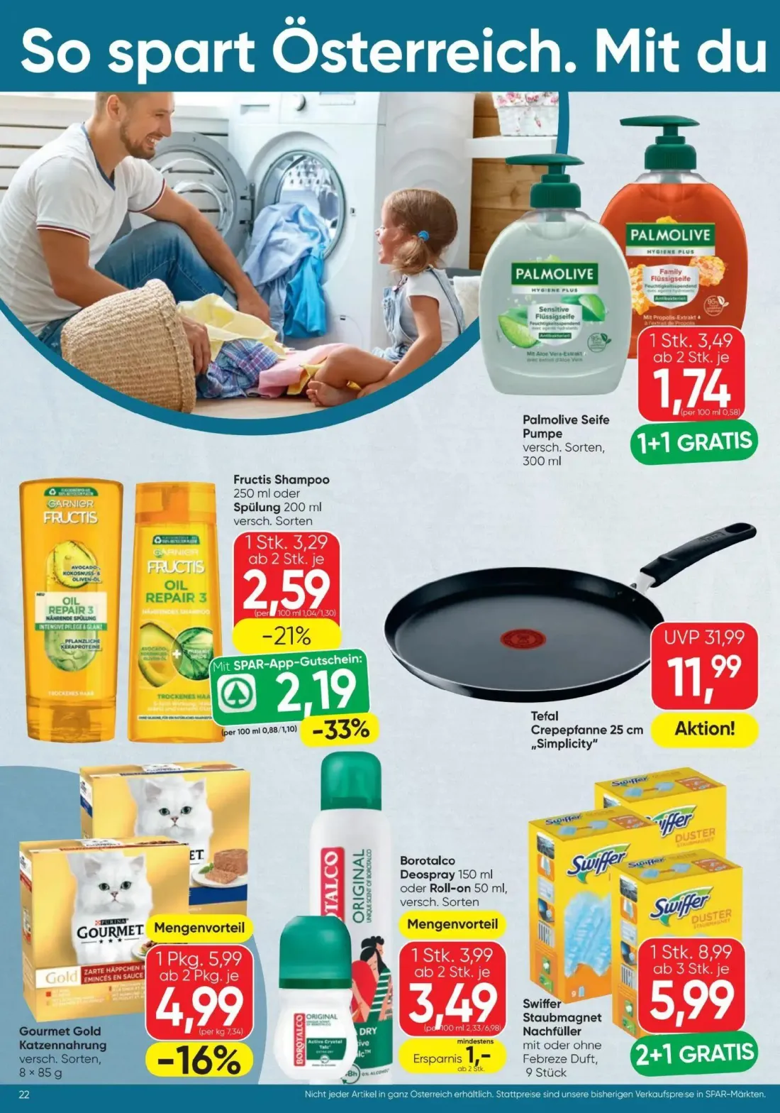 Spar Prospekt, Seite 22 von 24 — Tefal Crepepfanne 25 cm „Simplicity", Swiffer Staubmagnet Nachfüller, Palmolive Seife Pumpe