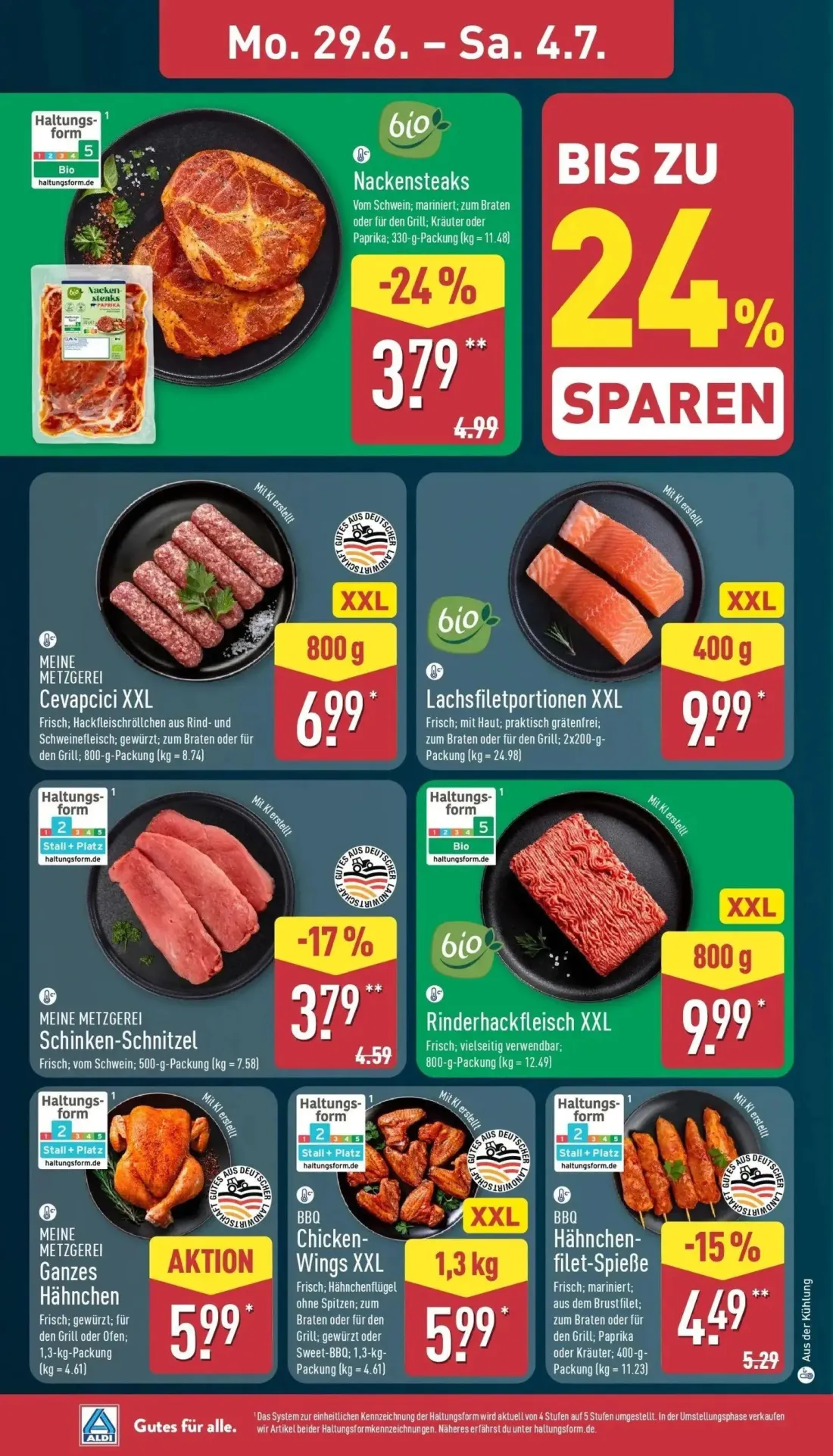 Aldi Nord Prospekt, Seite 4 von 46 — Bio Nackensteaks, MEINE METZGEREI Schinken-Schnitzel, BBQ Hähnchen-filet-Spieße