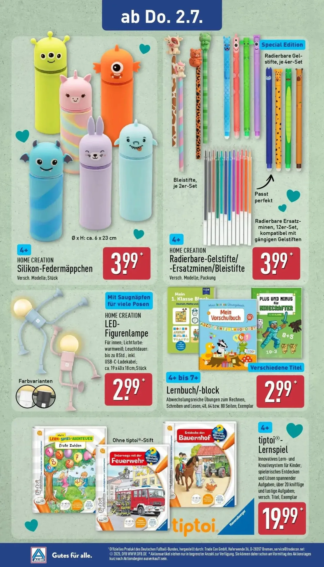 Aldi Nord Prospekt, Seite 26 von 46 — Silikon-Federmäppchen, Radierbare Gelstifte / -Ersatzminen / Bleistifte, LED-Figurenla…