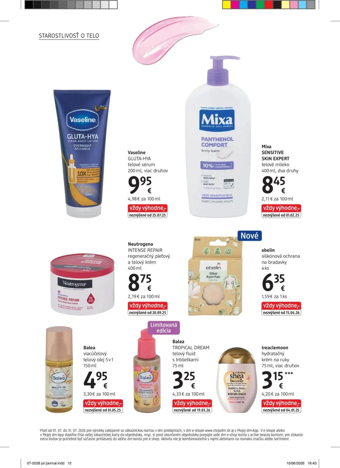 DM Drogerie leták, strana 12 z 32 — Vaseline GLUTA-HYA telové sérum, Mixa SENSITIVE SKIN EXPERT telové mlieko, Neutrogena IN…