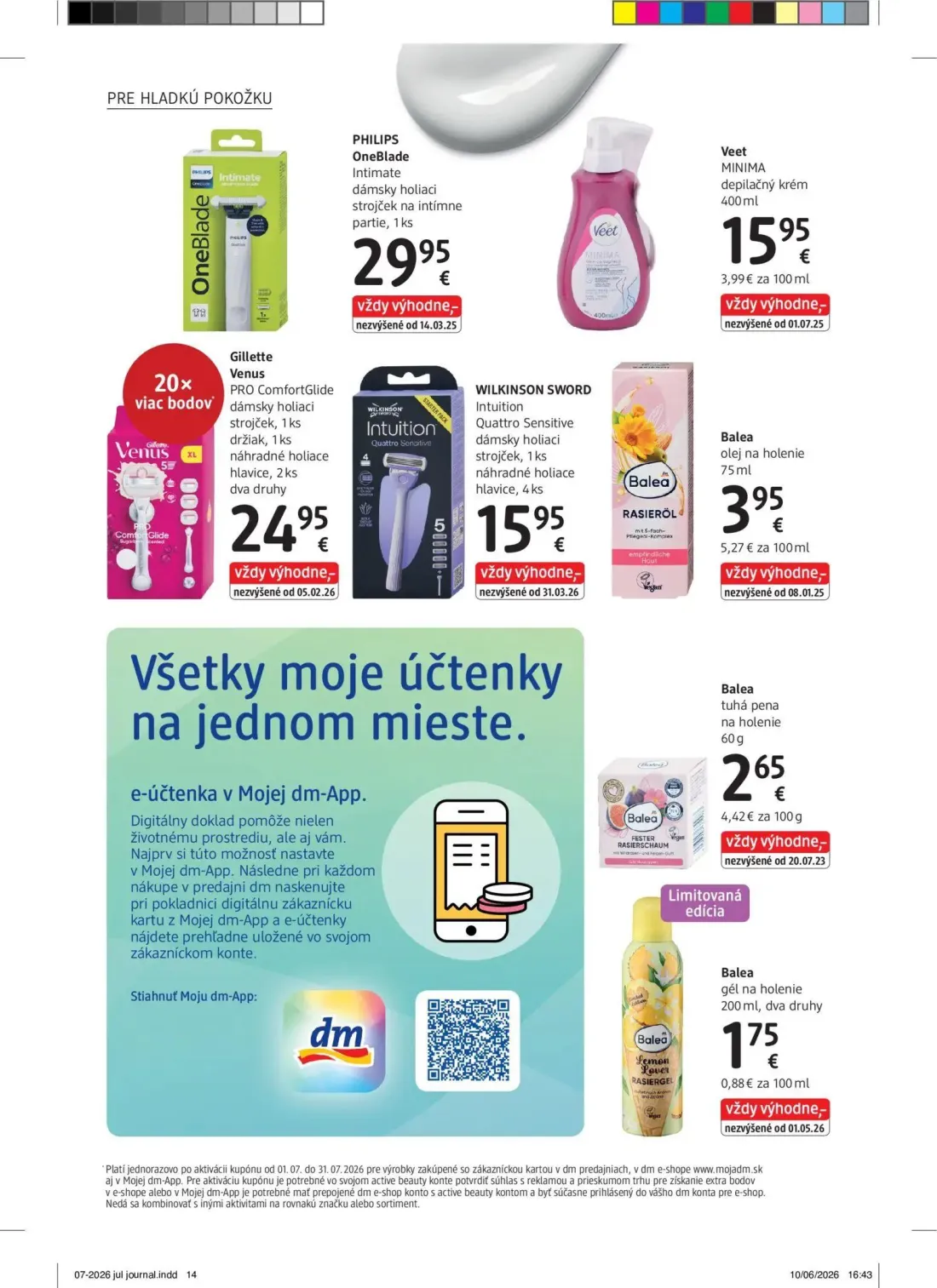 DM Drogerie leták, strana 14 z 32 — OneBlade Intimate dámsky holiaci strojček na intímne partie, Veet MINIMA depilačný krém,…