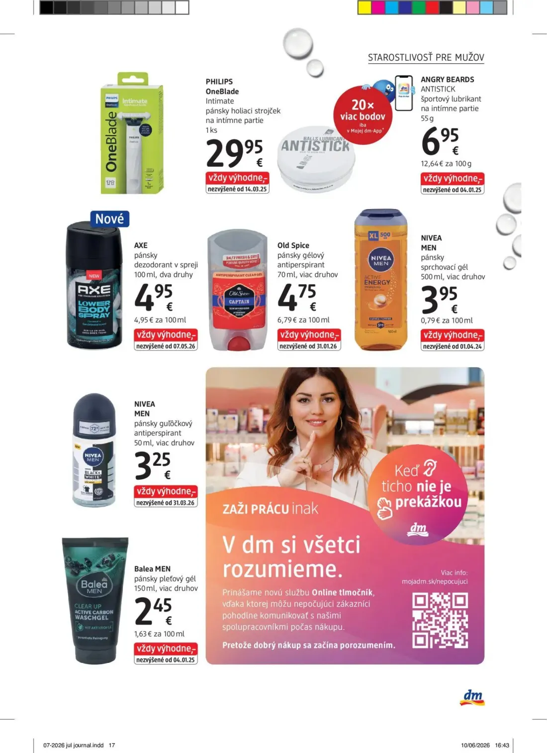 DM Drogerie leták, strana 17 z 32 — PHILIPS OneBlade Intimate pánsky holiaci strojček, ANGRY BEARDS ANTISTICK športový lubri…