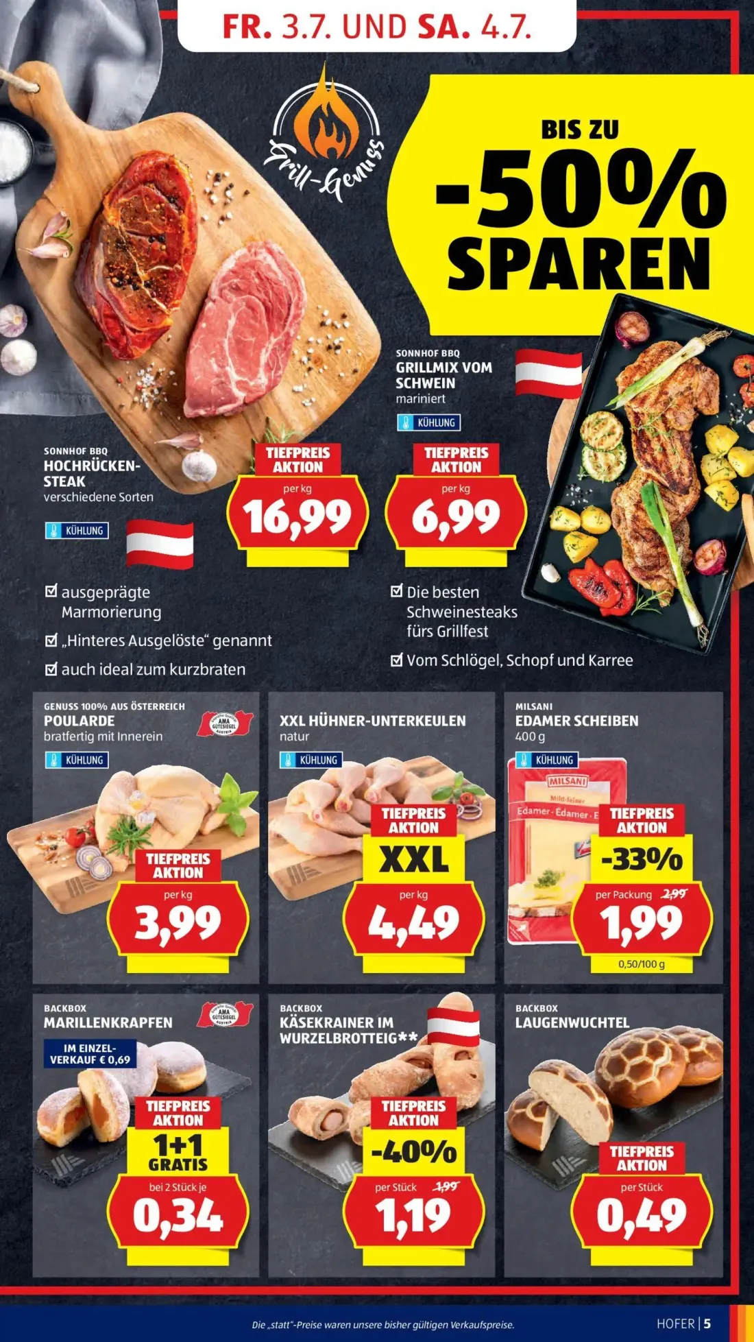 Hofer Prospekt, Seite 9 von 39 — EDAMER SCHEIBEN, KÄSEKRAINER IM WURZELBROTTEIG, SONNHOF BBQ HOCHRÜCKEN-STEAK