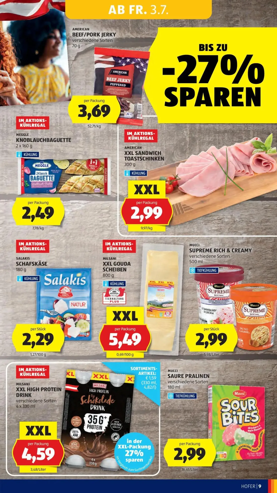 Hofer Prospekt, Seite 13 von 39 — MEGGLE KNOBLAUCHBAGUETTE, SALAKIS SCHAFSKÄSE, MILSANI XXL GOUDA SCHEIBEN