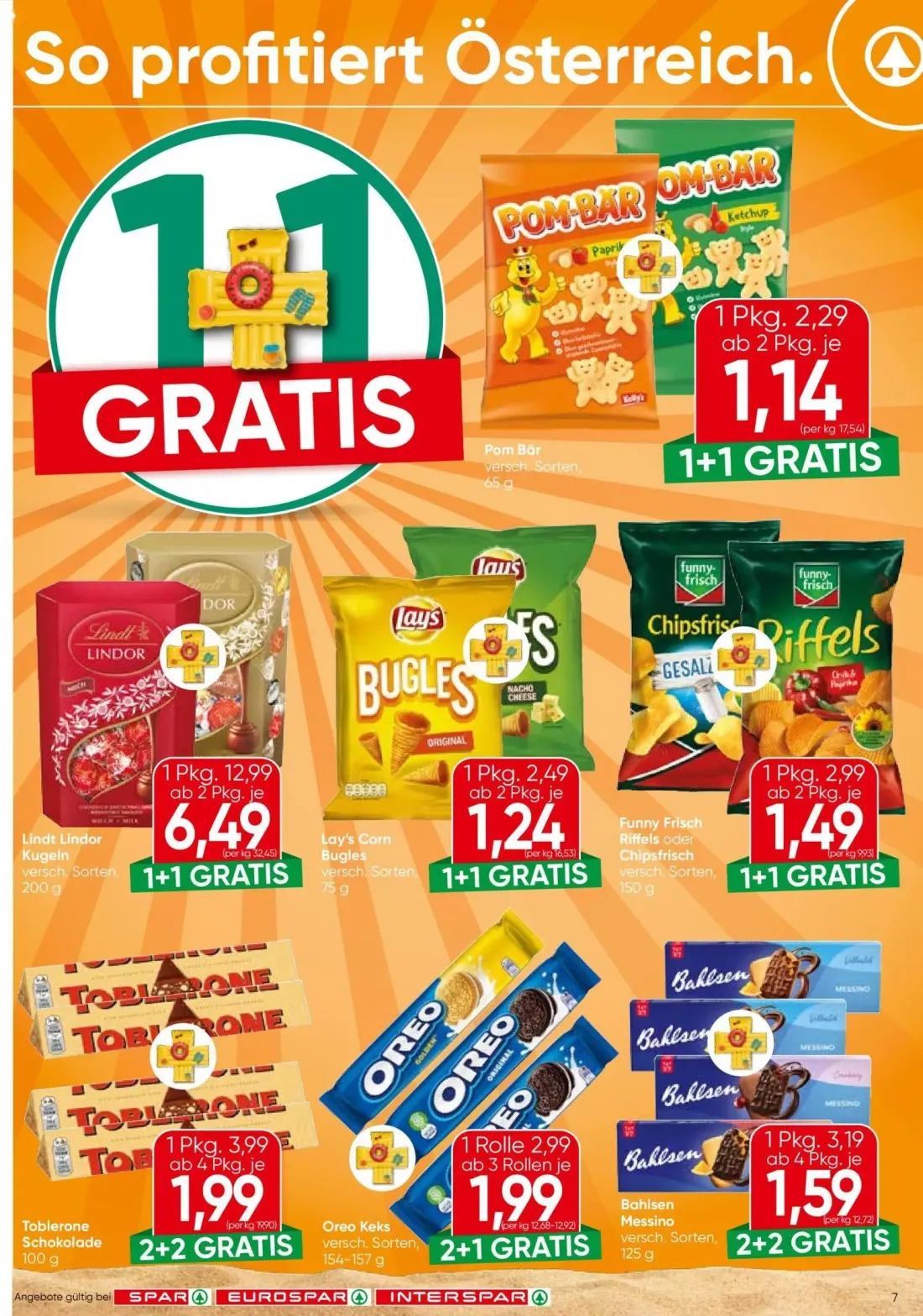 Spar Prospekt, Seite 7 von 24 — Lindt Lindor Kugeln, Toblerone Schokolade, Bahlsen Messino