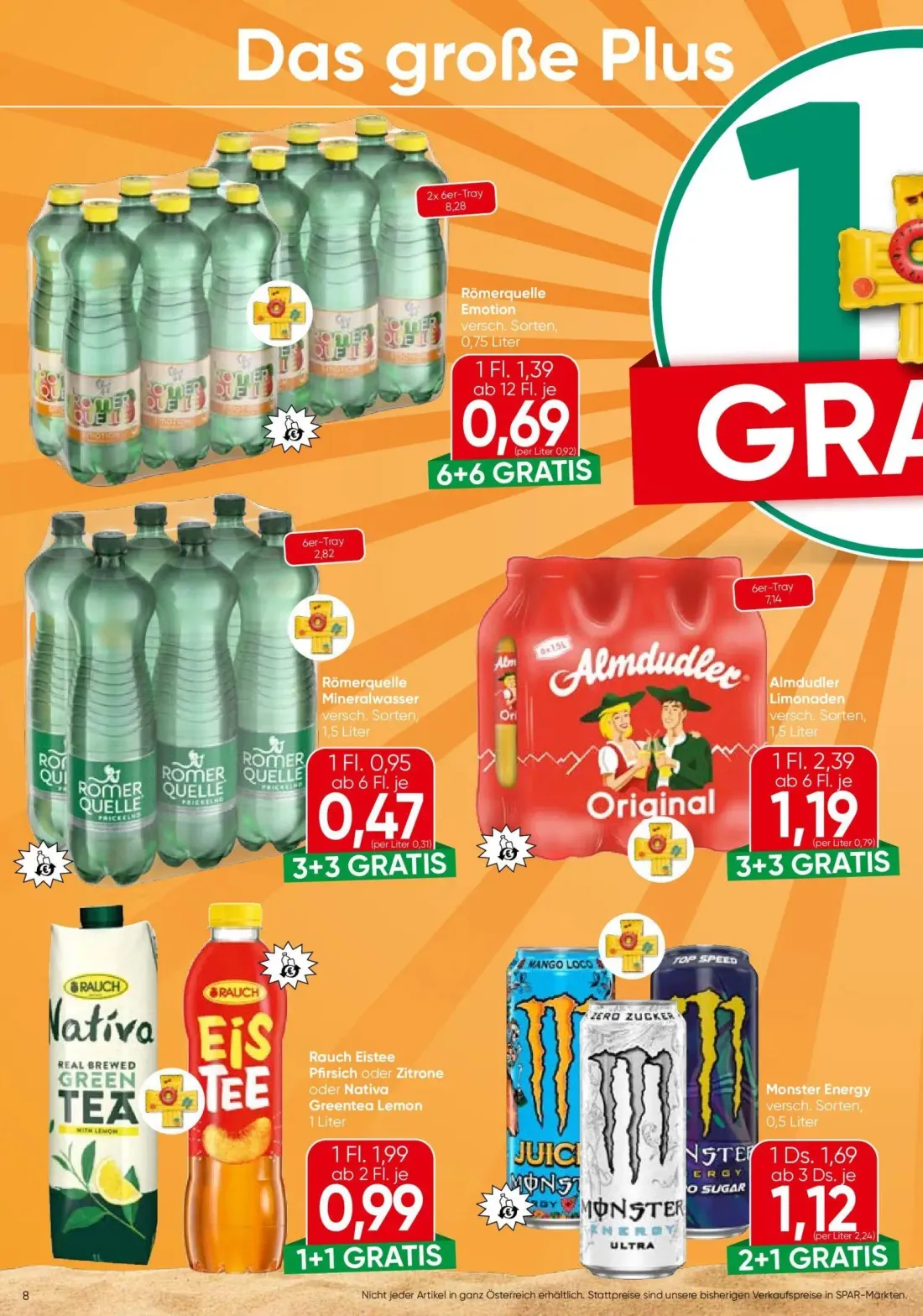 Spar Prospekt, Seite 8 von 24 — Almdudler Limonaden, Rauch Eistee Pfirsich oder Zitrone oder Nativa Greentea Lemon, Römerque…