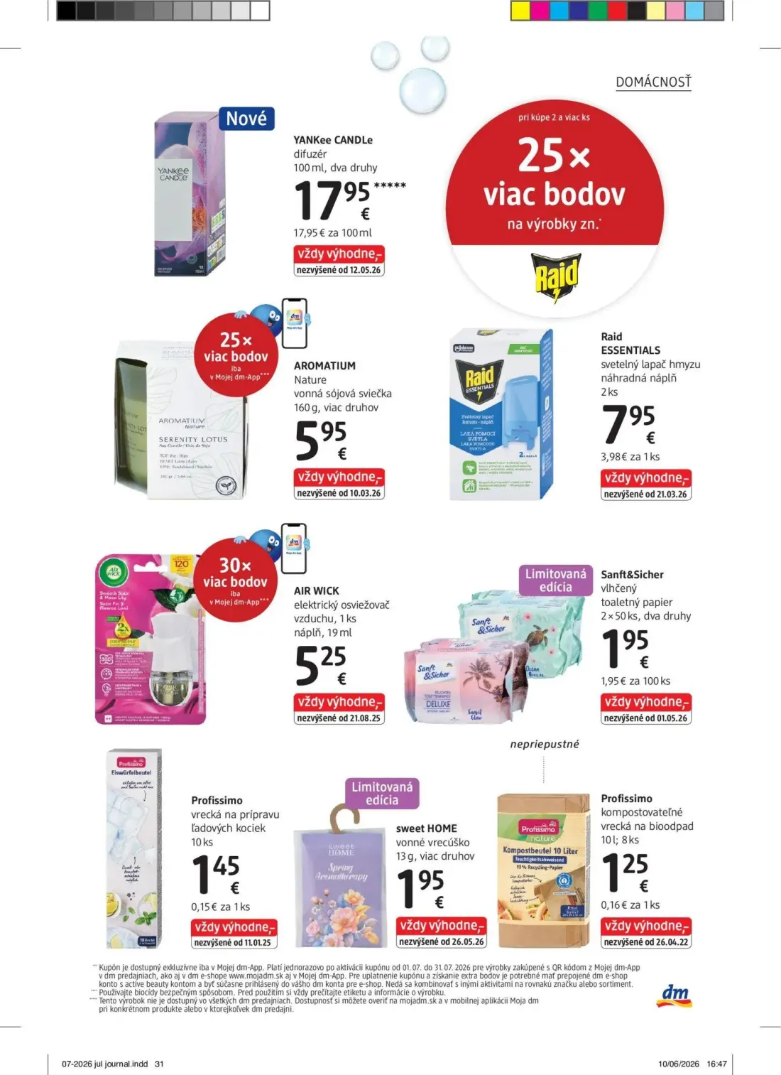 DM Drogerie leták, strana 31 z 32 — YANKEE CANDLE difuzér, AROMATIUM Nature vonná sójová sviečka, Raid ESSENTIALS svetelný l…