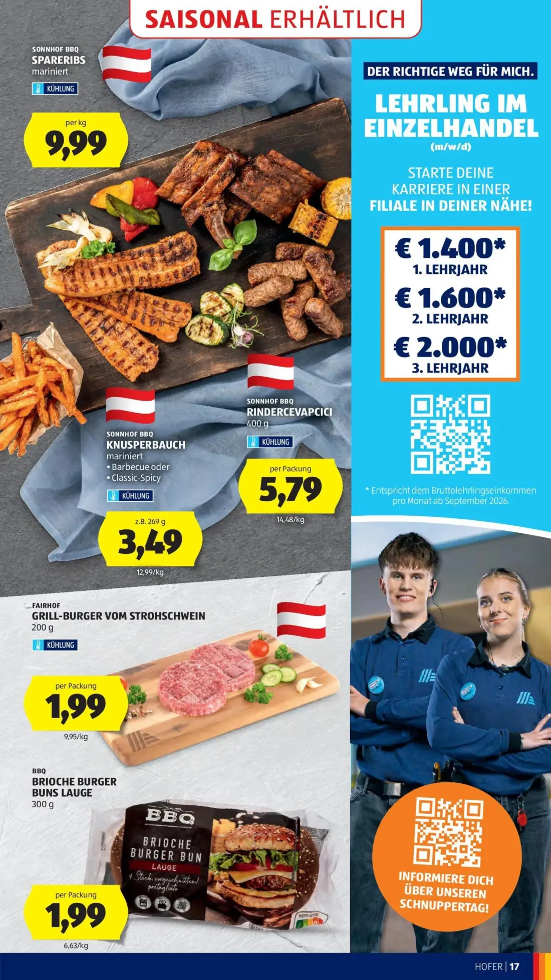 Hofer Prospekt, Seite 21 von 39 — SONNHOF BBQ SPARERIBS mariniert, SONNHOF BBQ KNUSPERBAUCH mariniert, SONNHOF BBQ RINDERCEV…