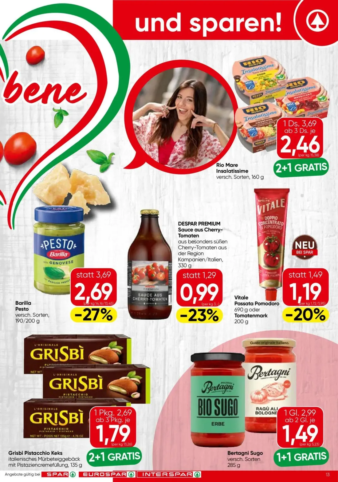Spar Prospekt, Seite 13 von 24 — Barilla Pesto, Grisbi Pistacchio Keks, DESPAR PREMIUM Sauce aus Cherry-Tomaten