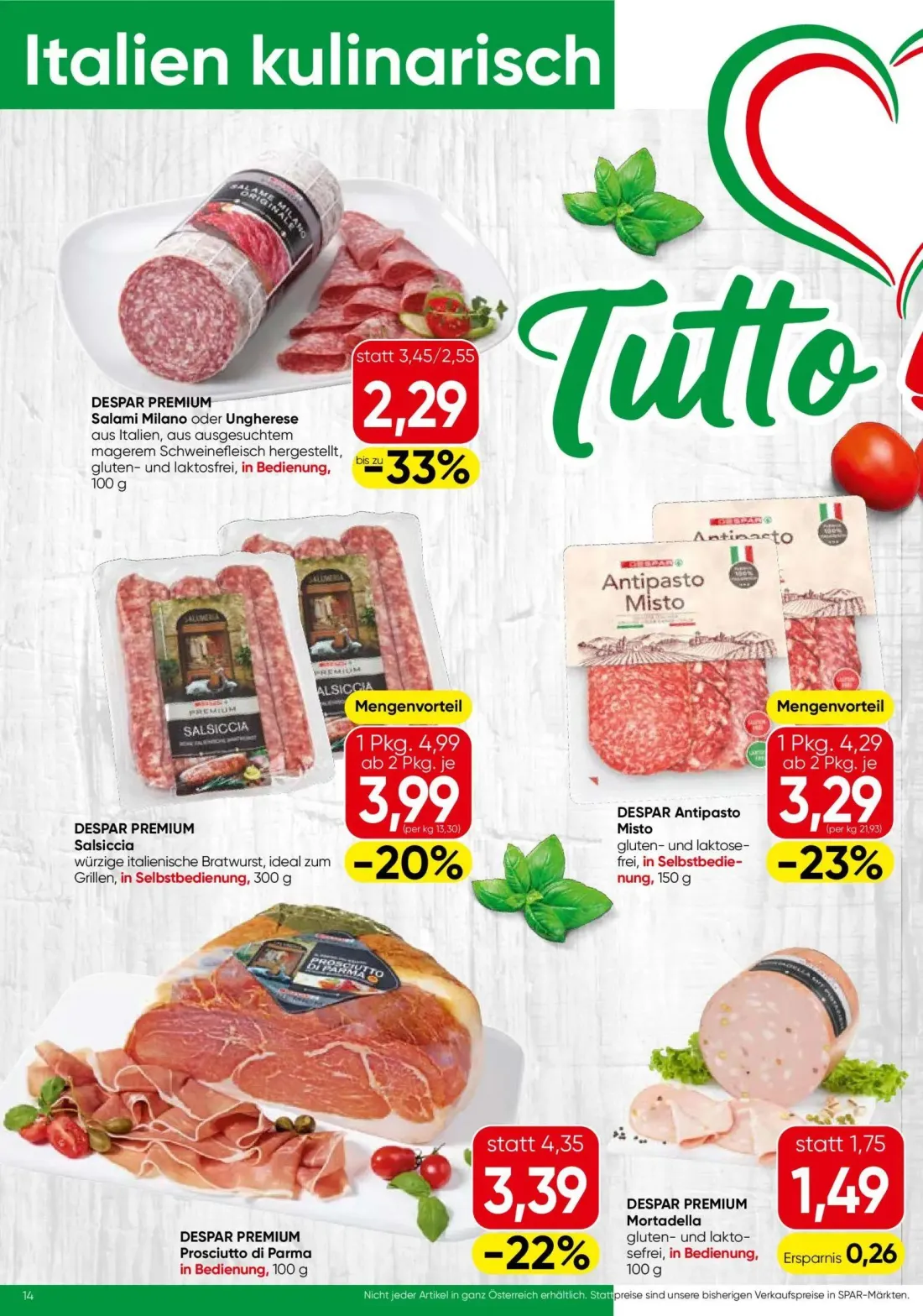 Spar Prospekt, Seite 14 von 24 — DESPAR PREMIUM Salami Milano oder Ungherese, DESPAR PREMIUM Salsiccia, DESPAR Antipasto Mis…