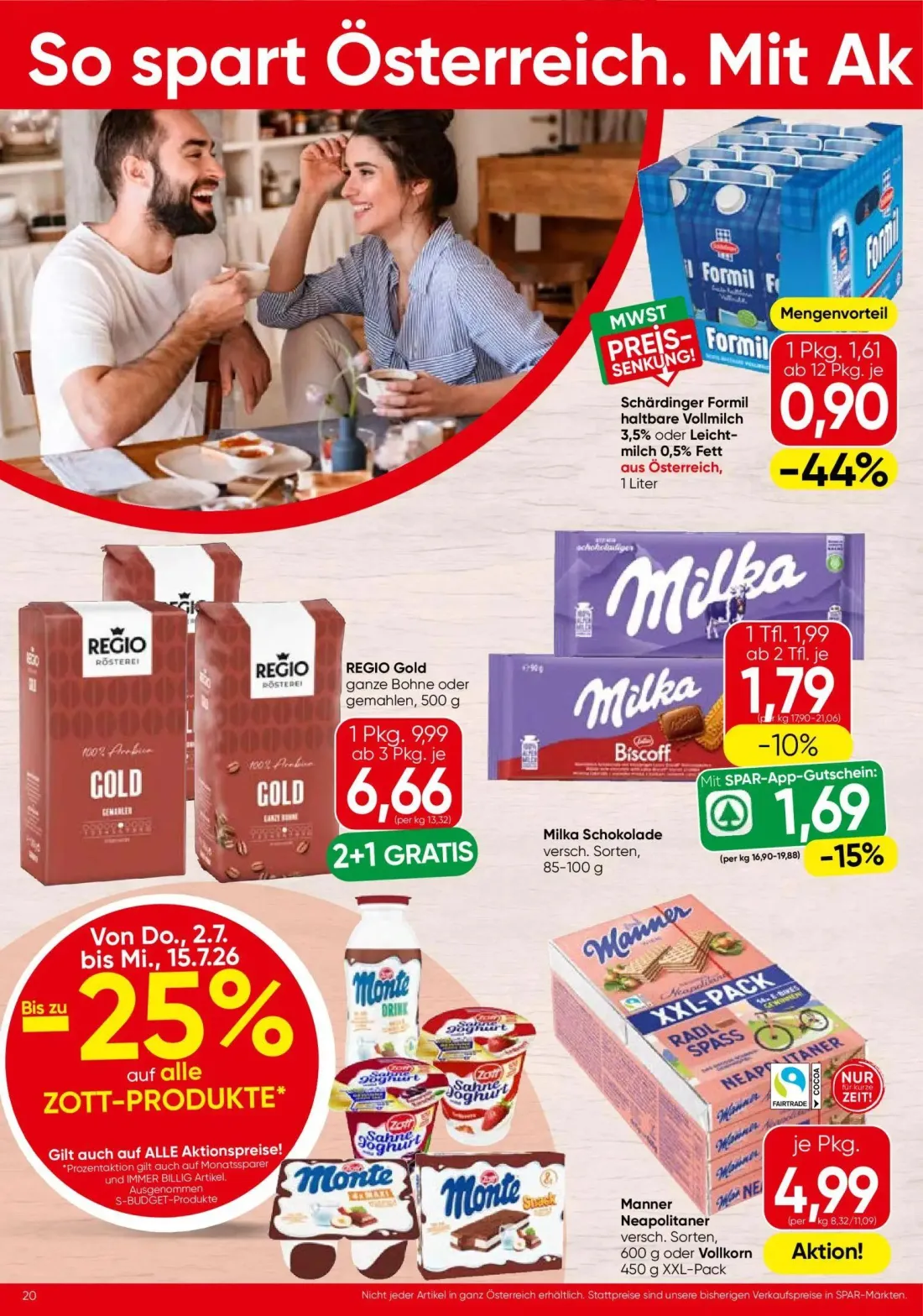 Spar Prospekt, Seite 20 von 24 — REGIO Gold ganze Bohne oder gemahlen, Schärdinger Formil haltbare Vollmilch 3,5% oder Leich…
