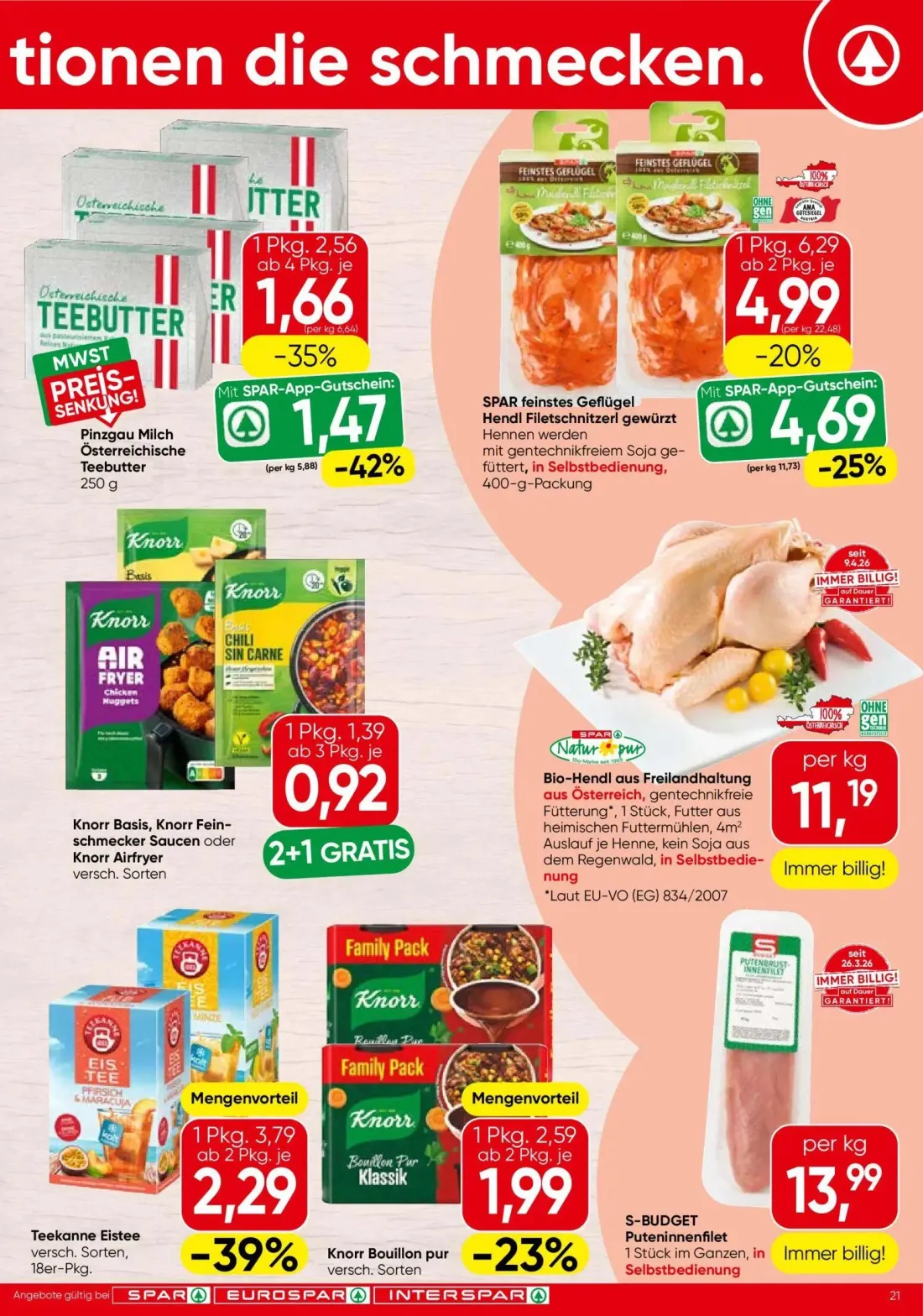 Spar Prospekt, Seite 21 von 24 — SPAR feinstes Geflügel Hendl Filetschnitzerl gewürzt, Teekanne Eistee, Pinzgau Milch Österr…