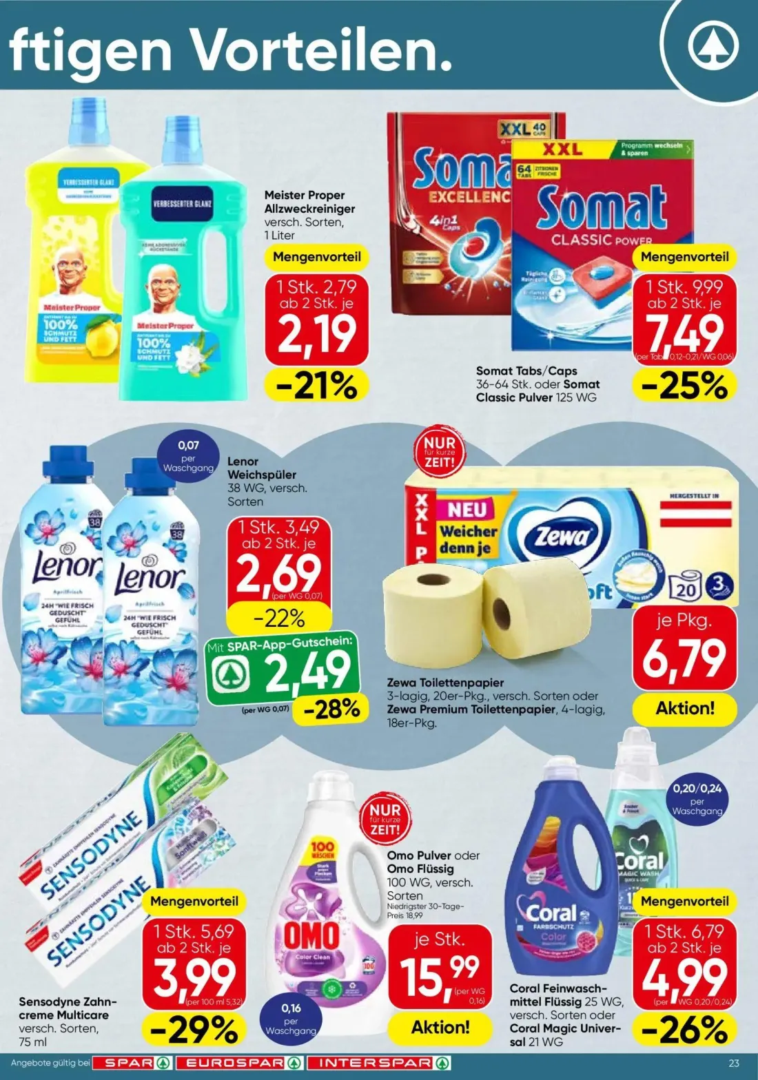 Spar Prospekt, Seite 23 von 24 — Omo Pulver oder Omo Flüssig, Somat Tabs/Caps oder Somat Classic Pulver, Coral Feinwaschmitt…
