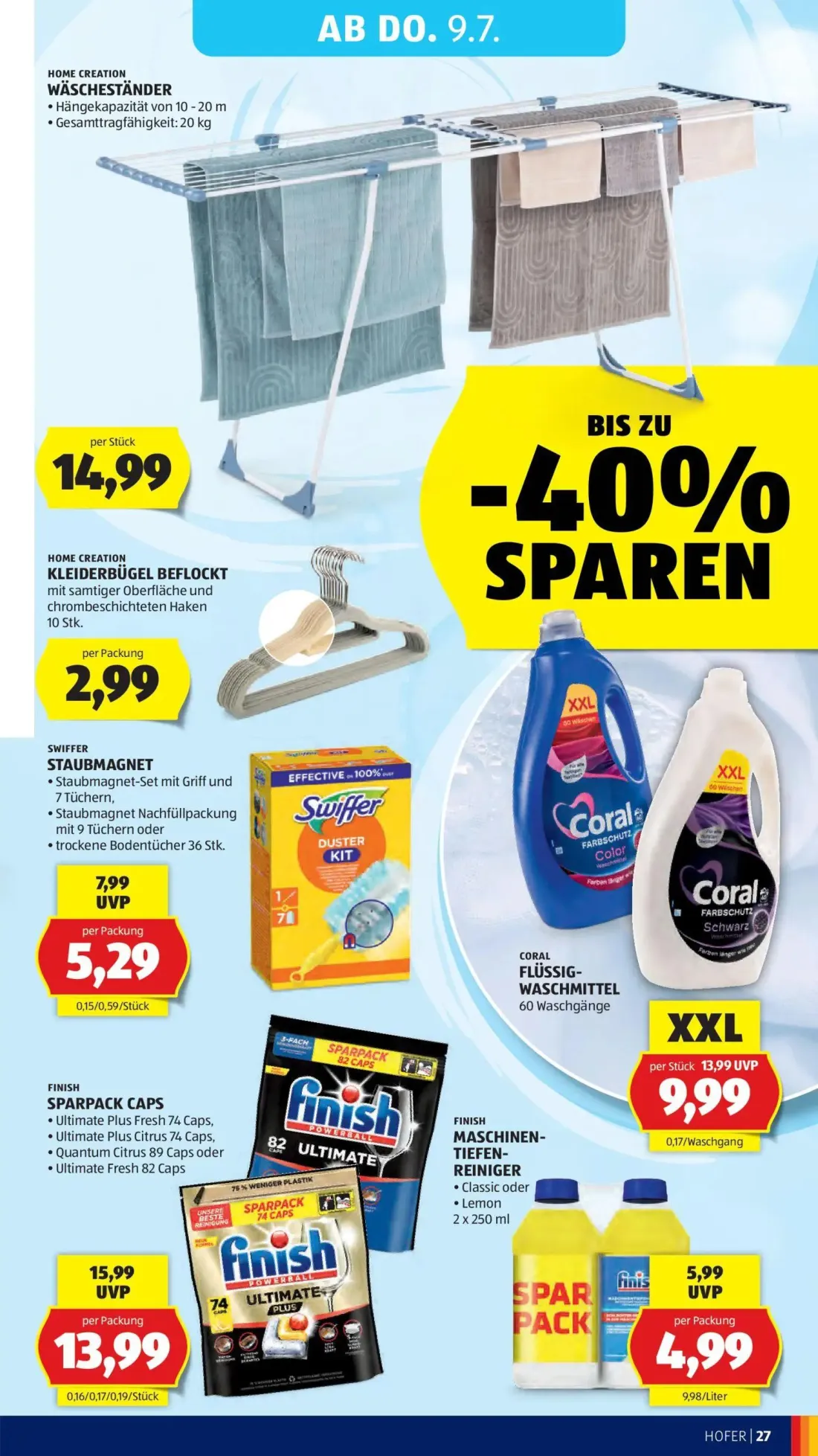Hofer Prospekt, Seite 33 von 39 — CORAL FLÜSSIG- WASCHMITTEL, SWIFFER STAUBMAGNET, FINISH SPARPACK CAPS