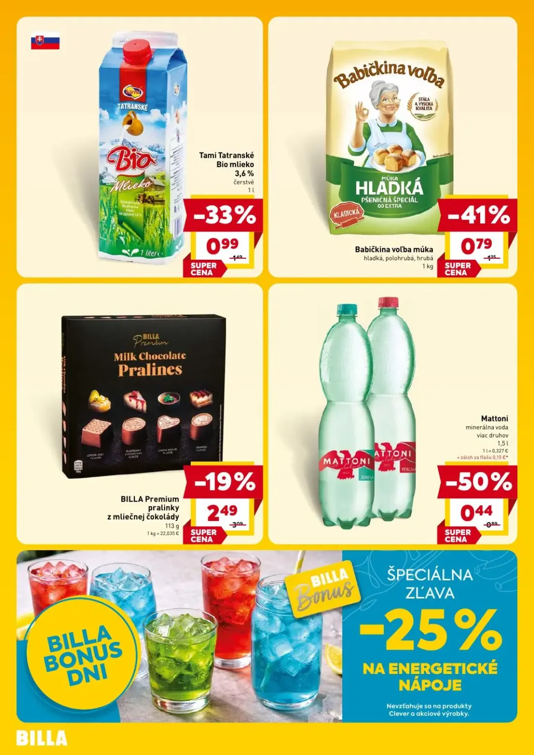 Billa leták, strana 4 z 4 — BILLA Premium pralinky z mliečnej čokolády, Tami Tatranské Bio mlieko, Mattoni minerálna voda vi…