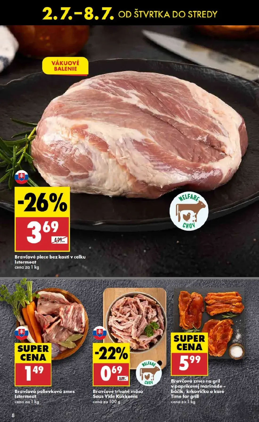 Biedronka leták, strana 8 z 48 — Bravčové plece bez kosti v celku Istermeat, Bravčové trhané mäso Sous Vide Kukkonia, Bravčo…