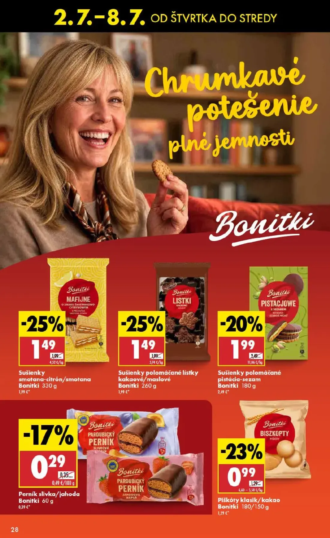 Biedronka leták, strana 28 z 48 — Sušienky smotana-citrón/smotana Bonitki, Sušienky polomáčané lístky kakaové/maslové Bonitk…