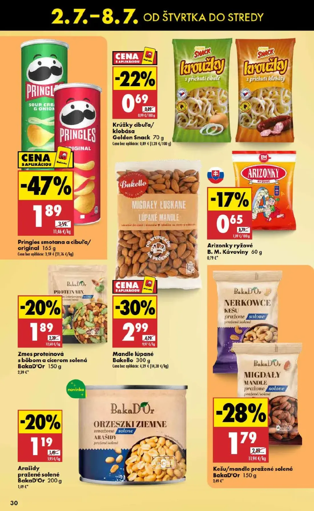 Biedronka leták, strana 30 z 48 — Pringles smotana a cibuľ'a/original, Mandle lúpané Bakello, Kešu/mandle pražené solené Bak…