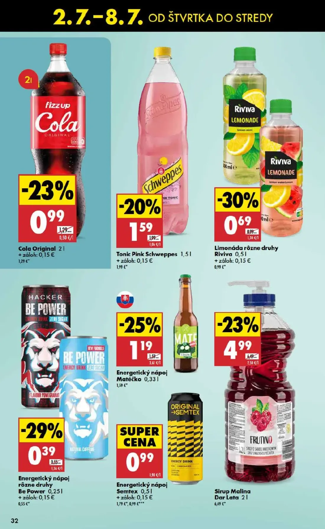 Biedronka leták, strana 32 z 48 — Sirup Malina Dar Lata, Energetický nápoj Semtex, Tonic Pink Schweppes