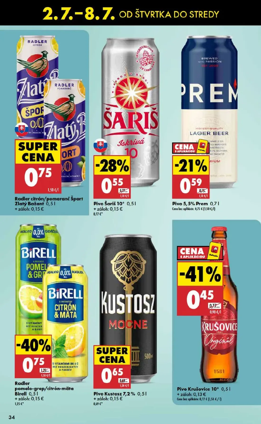 Biedronka leták, strana 34 z 48 — Radler pomelo-grep/citrón-mäta Birell, Pivo Krušovice 10°, Pivo Šariš 10°