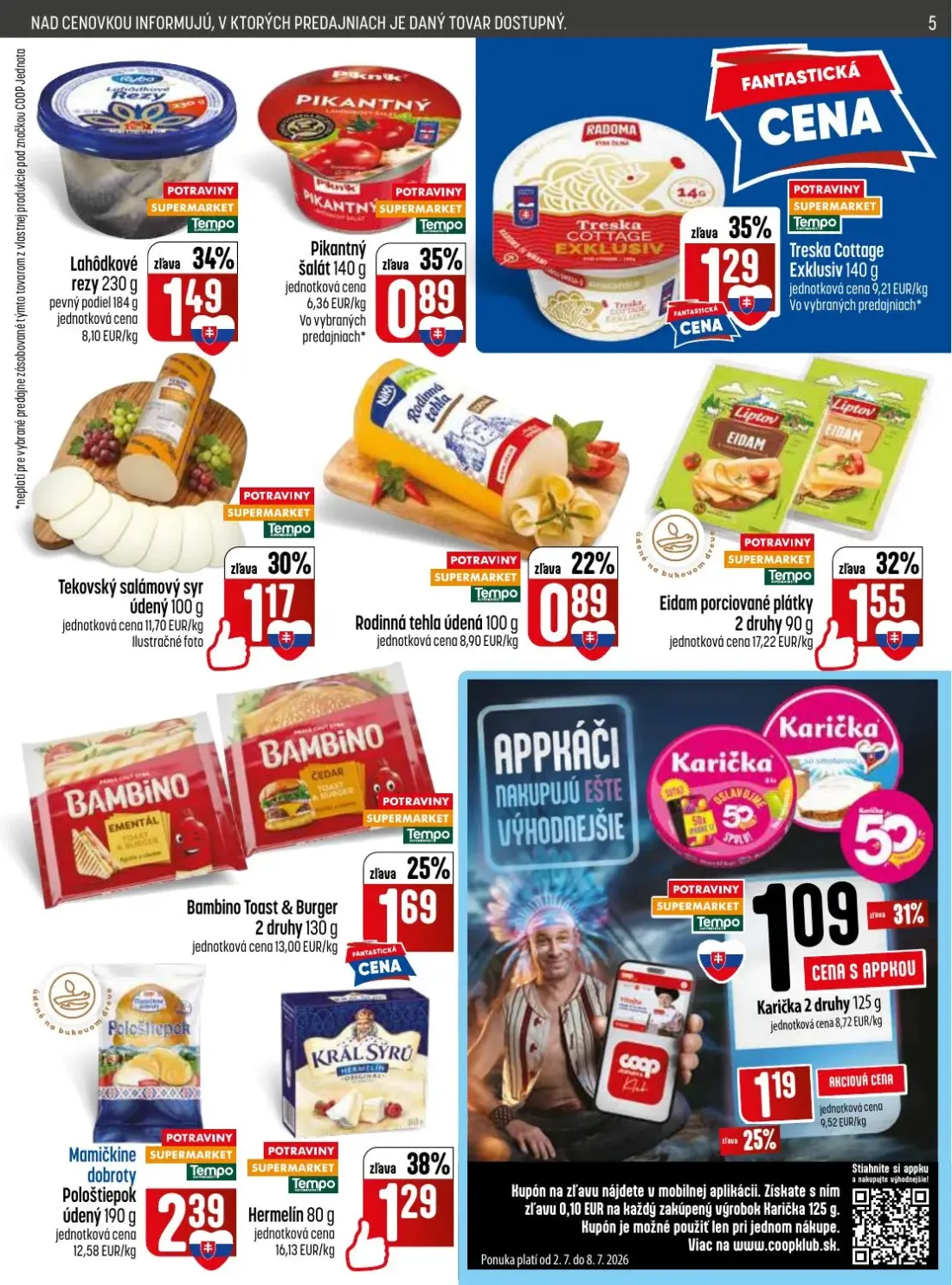 Coop Jednota leták, strana 5 z 28 — Karička, Tekovský salámový syr údený, Rodinná tehla údená