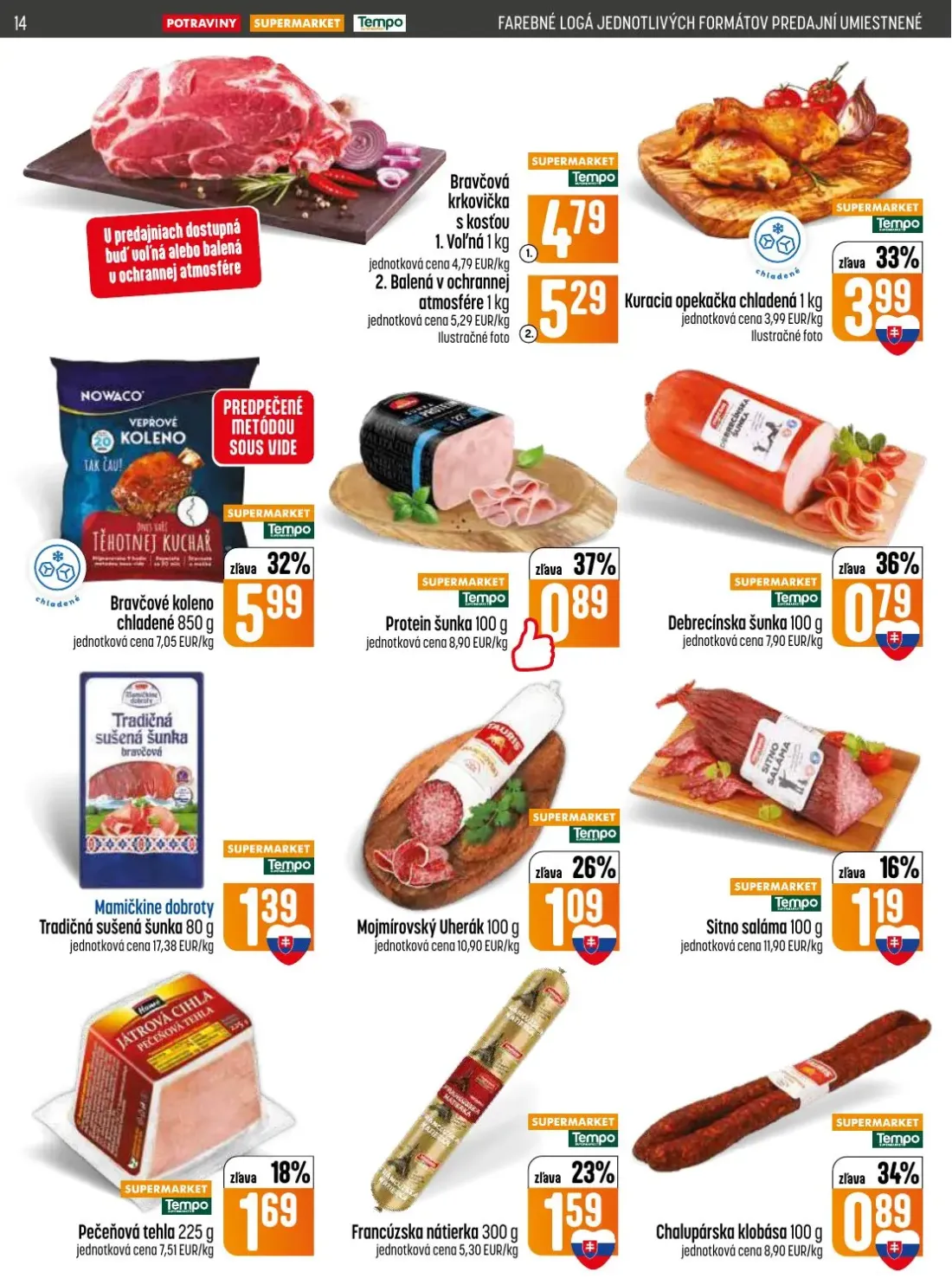 Coop Jednota leták, strana 14 z 28 — Bravčová krkovička s kosťou, Kuracia opekačka chladená, Bravčové koleno chladené