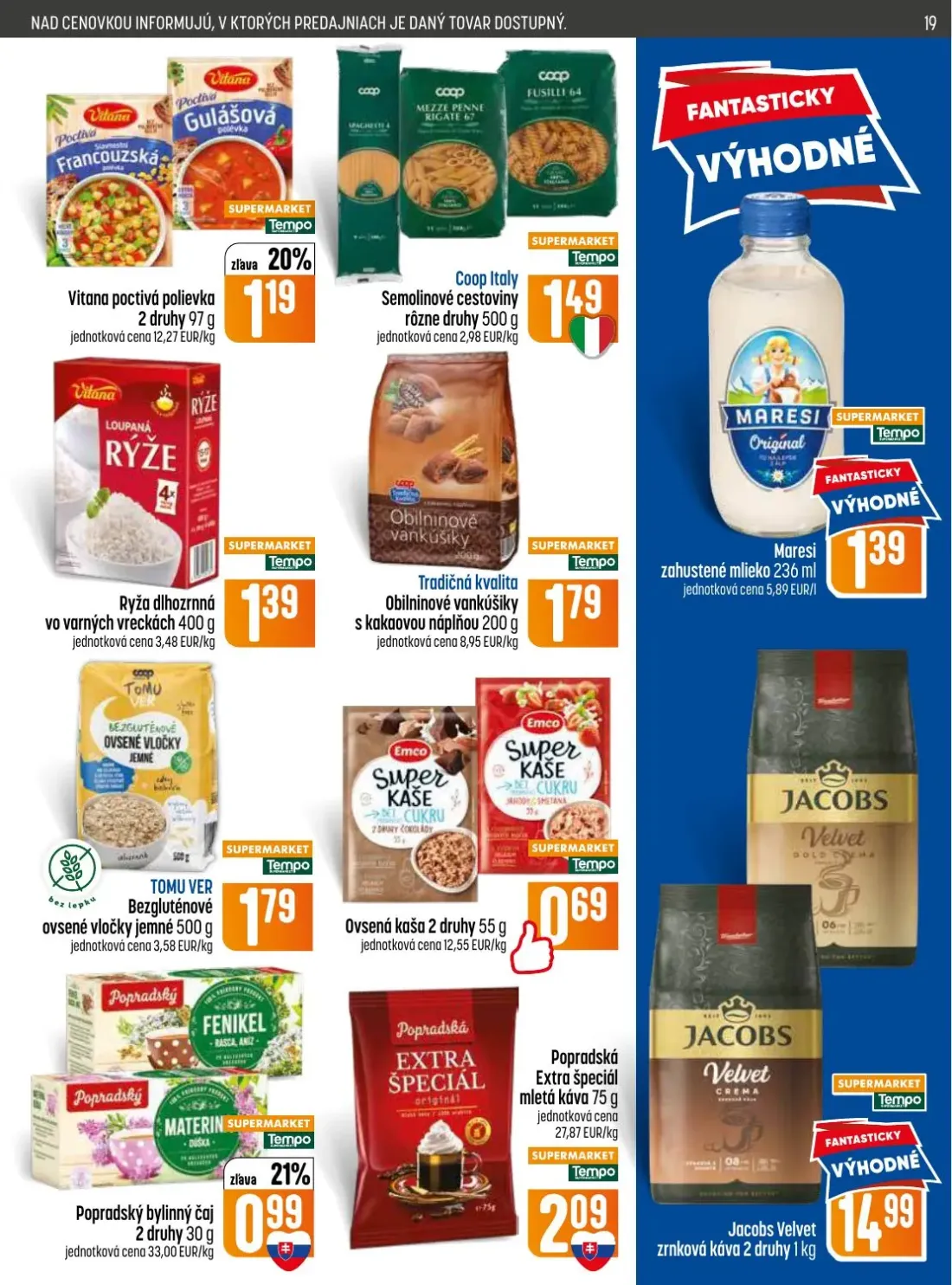 Coop Jednota leták, strana 19 z 28 — Popradská Extra špeciál mletá káva, Jacobs Velvet zrnková káva