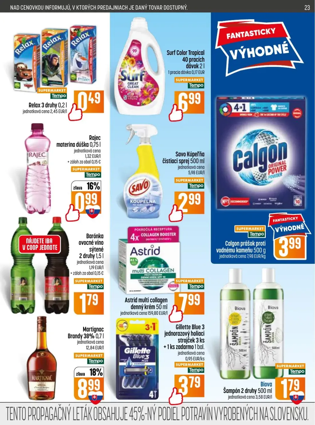 Coop Jednota leták, strana 23 z 28 — Surf Color Tropical, Savo Kúpeľňa čistiaci sprej, Calgon prášok proti vodnému kameňu