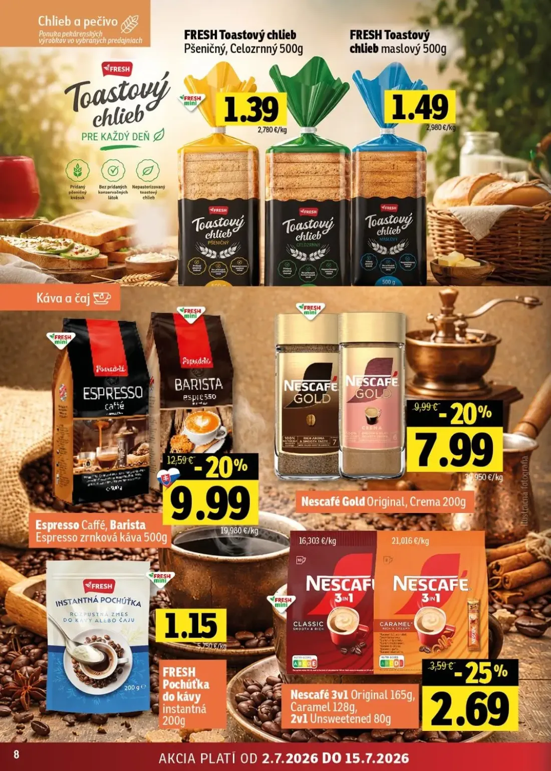 Fresh - západ leták, strana 8 z 48 — Espresso Caffé, Barista Espresso zrnková káva 500g, Nescafé Gold Original, Crema 200g, …