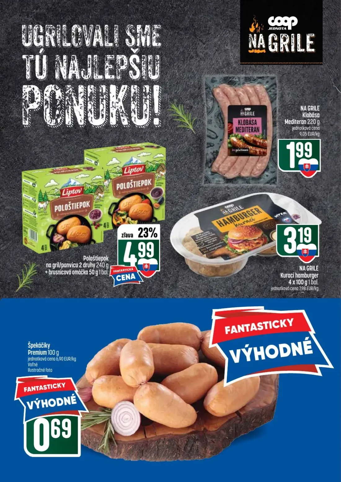 Coop Tempo leták, strana 9 z 56 — Klobása Mediteran, Pološtiepok na gril/panvicu, Kurací hamburger