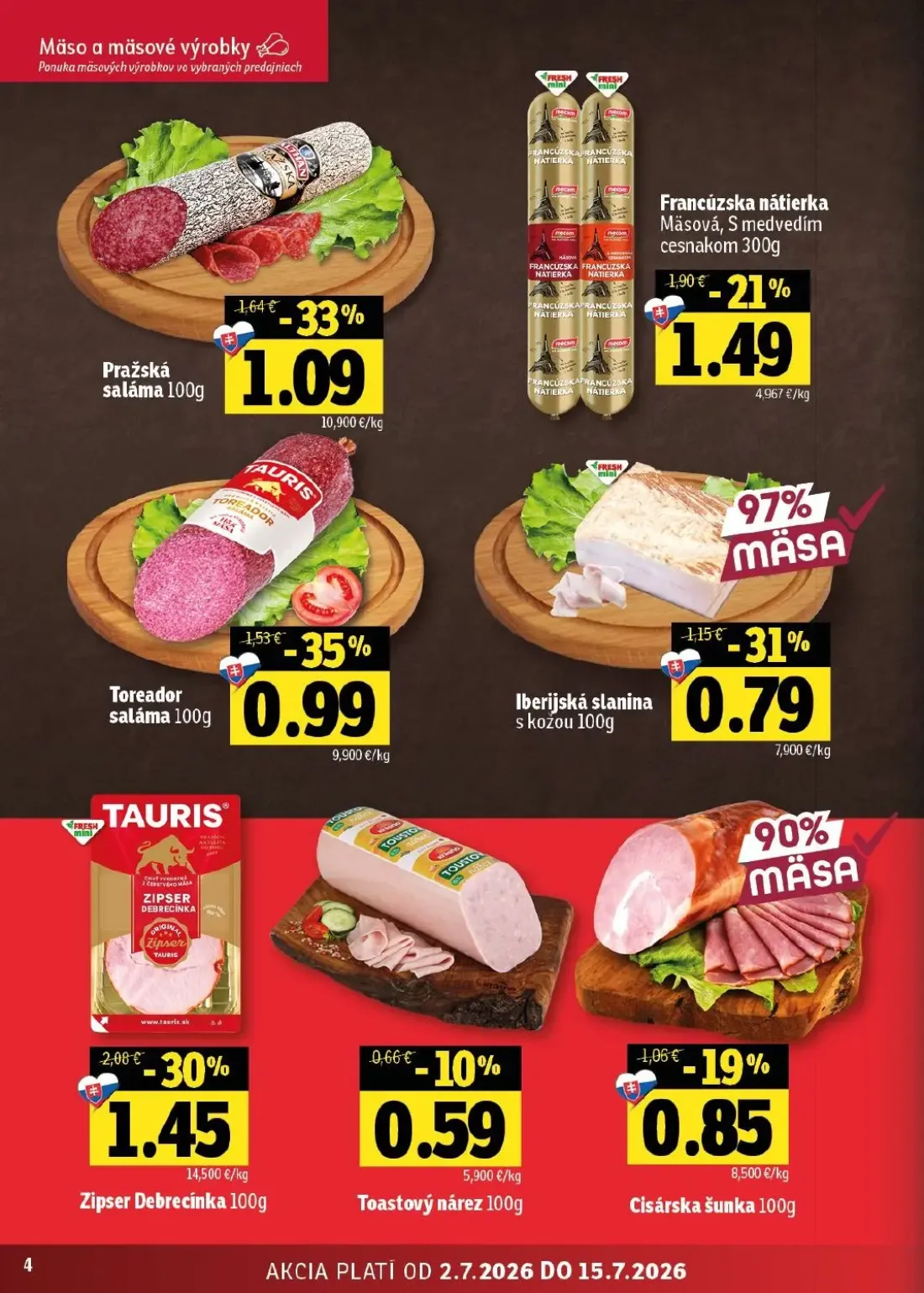 Fresh východ leták, strana 4 z 54 — Pražská saláma, Toreador saláma, Francúzska nátierka Mäsová, S medvedím cesnakom