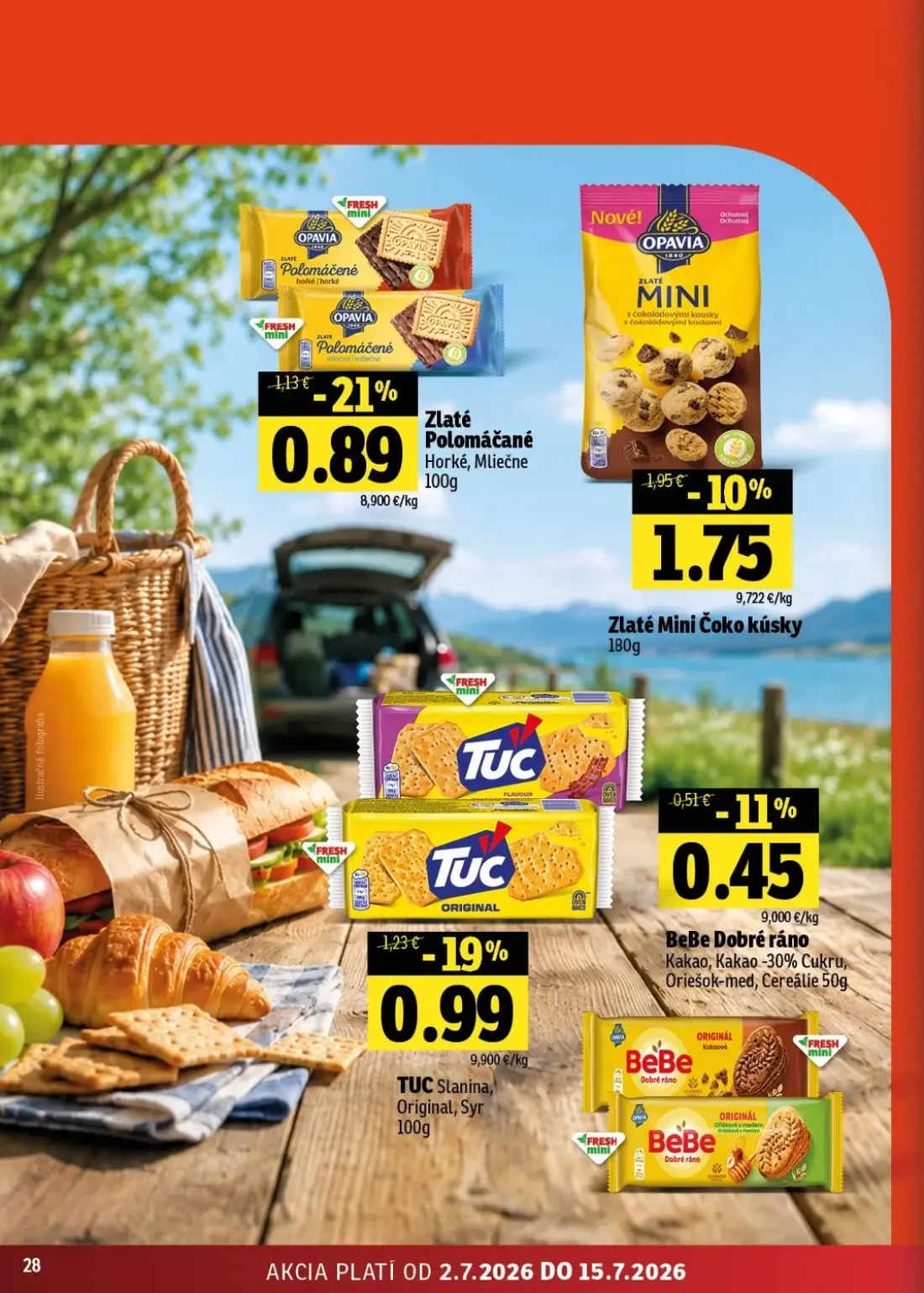 Fresh - západ leták, strana 28 z 48 — Zlaté Polomáčané Horké, Mliečne, Zlaté Mini Čoko kúsky, BeBe Dobré ráno Kakao, Kakao -…
