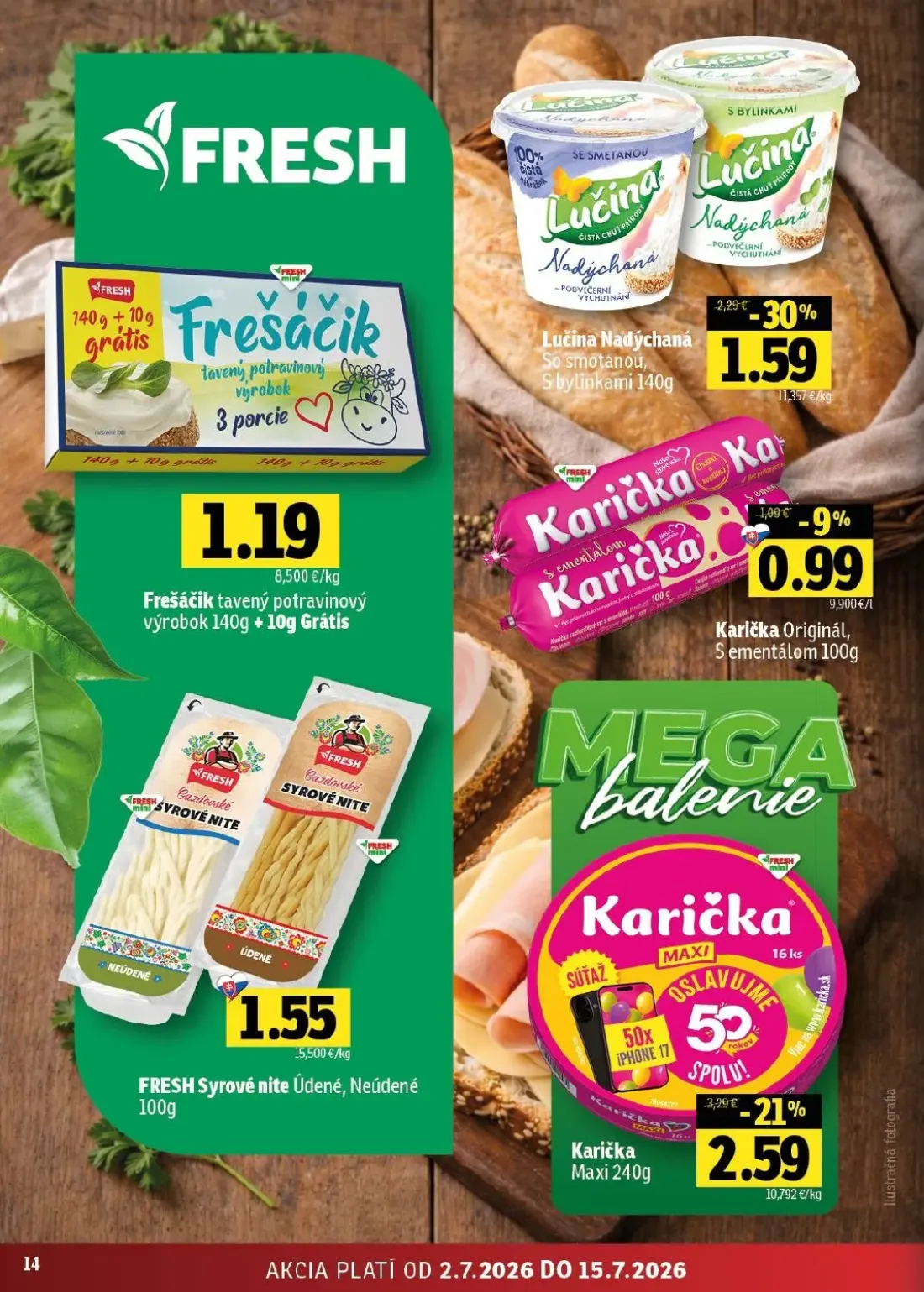 Fresh východ leták, strana 14 z 54 — Lučina Nadýchaná So smotanou, S bylinkami, Karička Maxi, Karička Originál, Sementálom