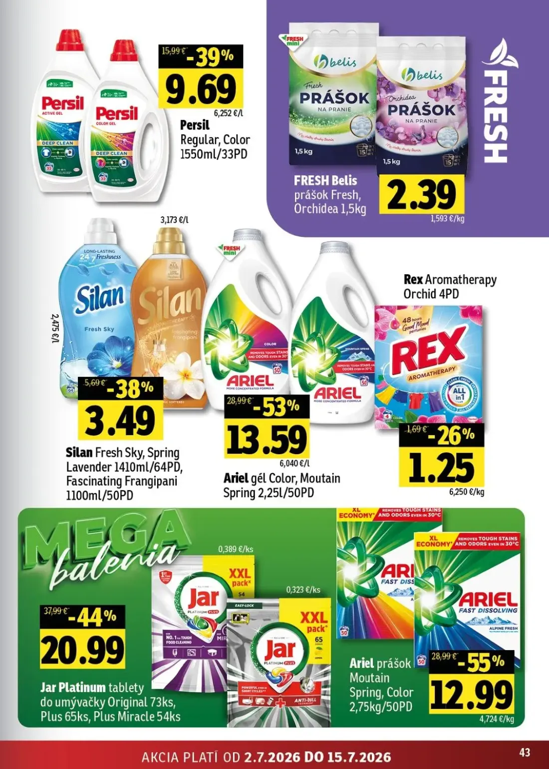 Fresh - západ leták, strana 43 z 48 — Jar Platinum tablety do umývačky Original Plus Miracle, Ariel prášok Moutain Spring, C…