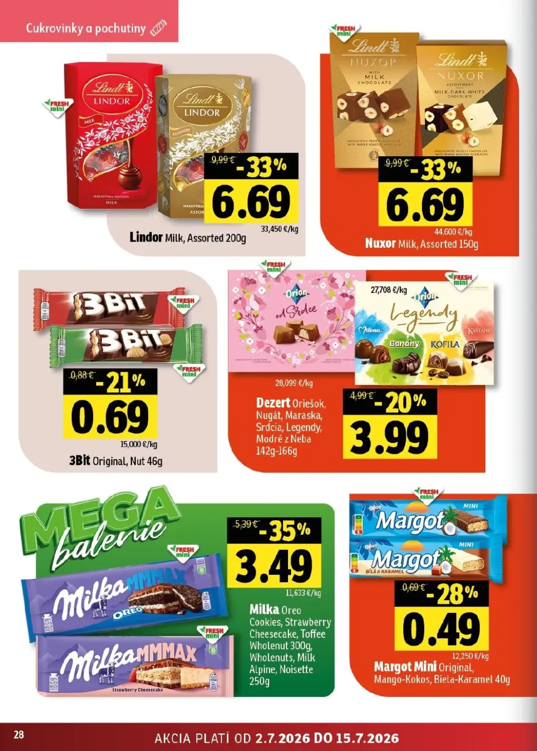 Fresh východ leták, strana 28 z 54 — Lindor Milk, Assorted, Nuxor Milk, Assorted, Milka Oreo Cookies, Strawberry Cheesecake,…