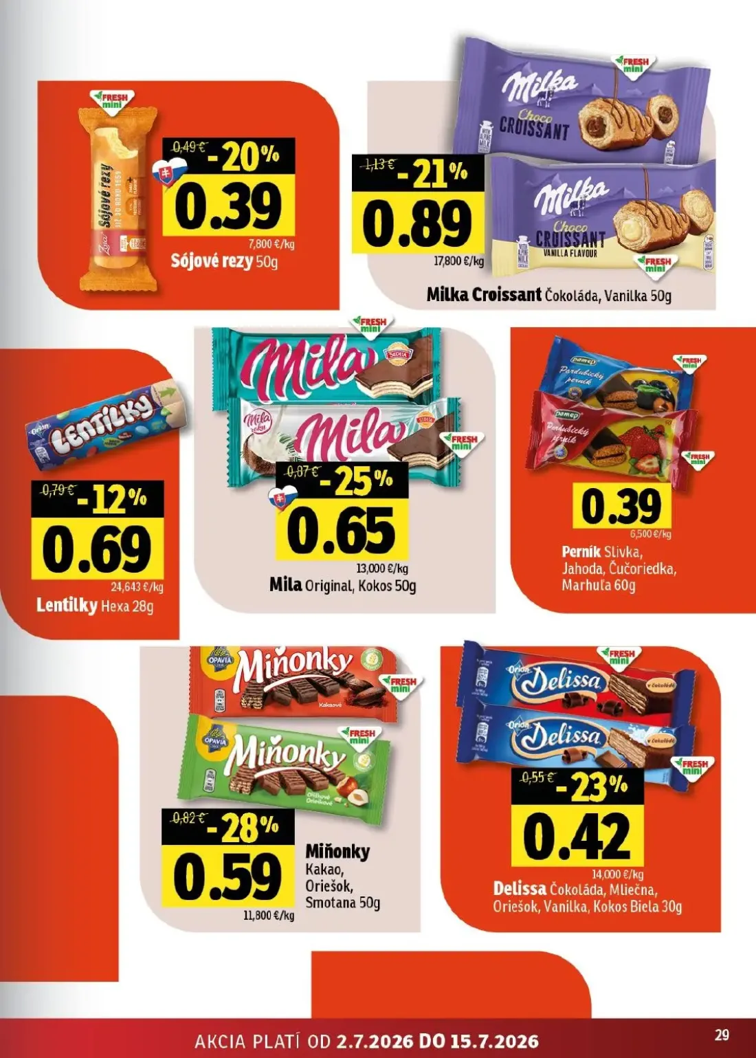 Fresh východ leták, strana 29 z 54 — Milka Croissant Čokoláda, Vanilka, Miňonky Kakao, Oriešok, Smotana, Mila Original, Kokos