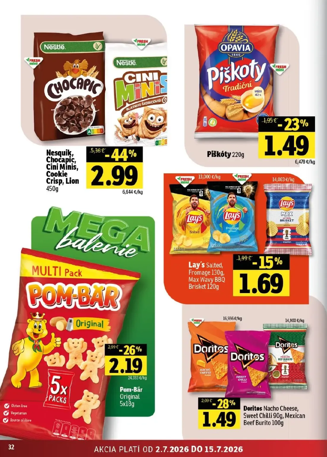 Fresh východ leták, strana 32 z 54 — Nesquik, Chocapic, Cini Minis, Cookie Crisp, Lion, Pom-Bär Original, Doritos Nacho Chee…