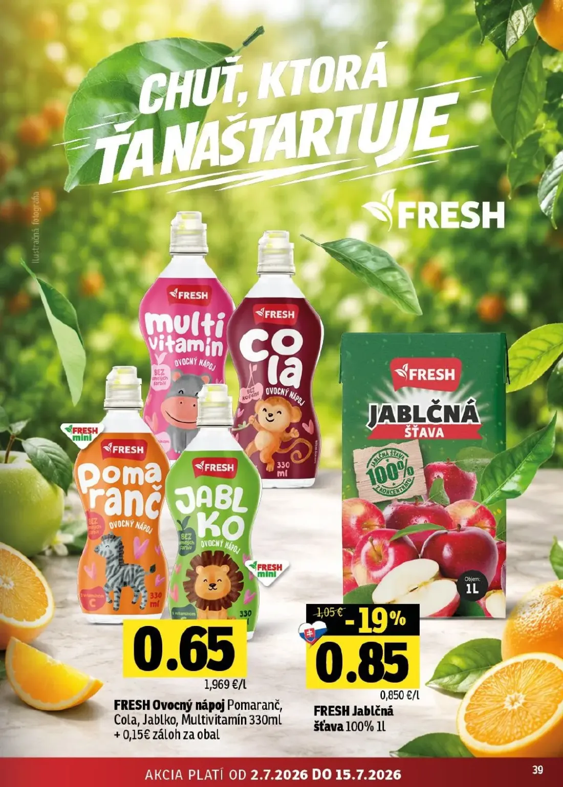 Fresh východ leták, strana 39 z 54 — FRESH Jablčná šťava 100%, FRESH Ovocný nápoj Pomaranč, Cola, Jablko, Multivitamín